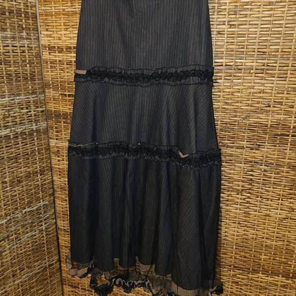 S-Marque Tiered Maxi Skirt Sz Large Black Beige Ruffled Tulle Netting Boho Rock - Picture 7 of 8
